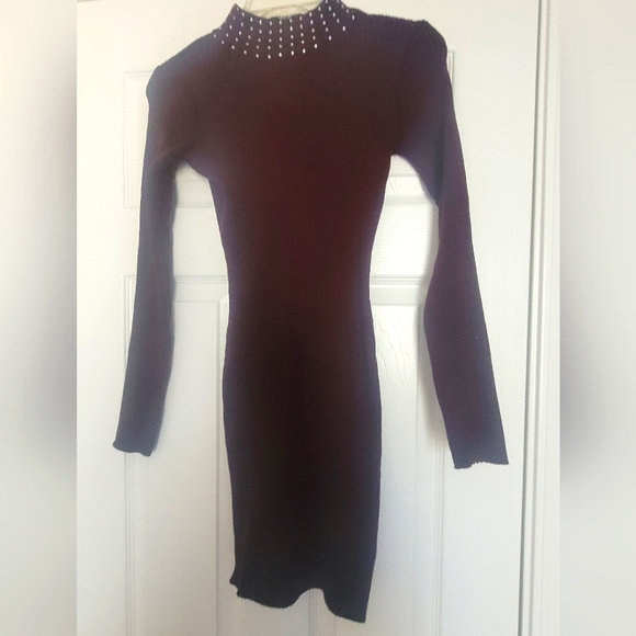 Say What? Burgundy Sweater Dress with Rhinestones at neck. Small - Picture 1 of 5